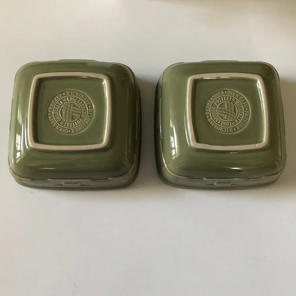 Set of 2 Longaberger Pottery square bowls classic Woven Traditions Sage Green